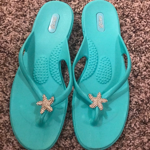 OKA b. Shoes - Teal starfish flip flops